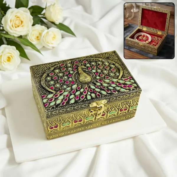 Handcrafted German Oxidised Embossed Meena Peacock Design Wooden Box