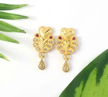 Floral Inspired Gold Stud Earrings With Central Stone And Teardrop Dangle Detail