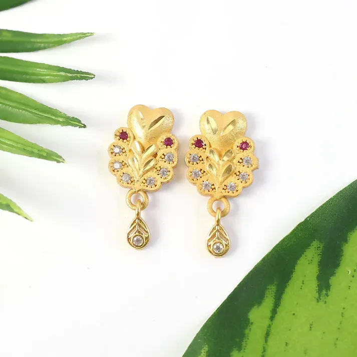 Premium Floral Inspired Gold Stud Earrings With Central Stone And Teardrop Dangle Detail - Buy Online at Alikart