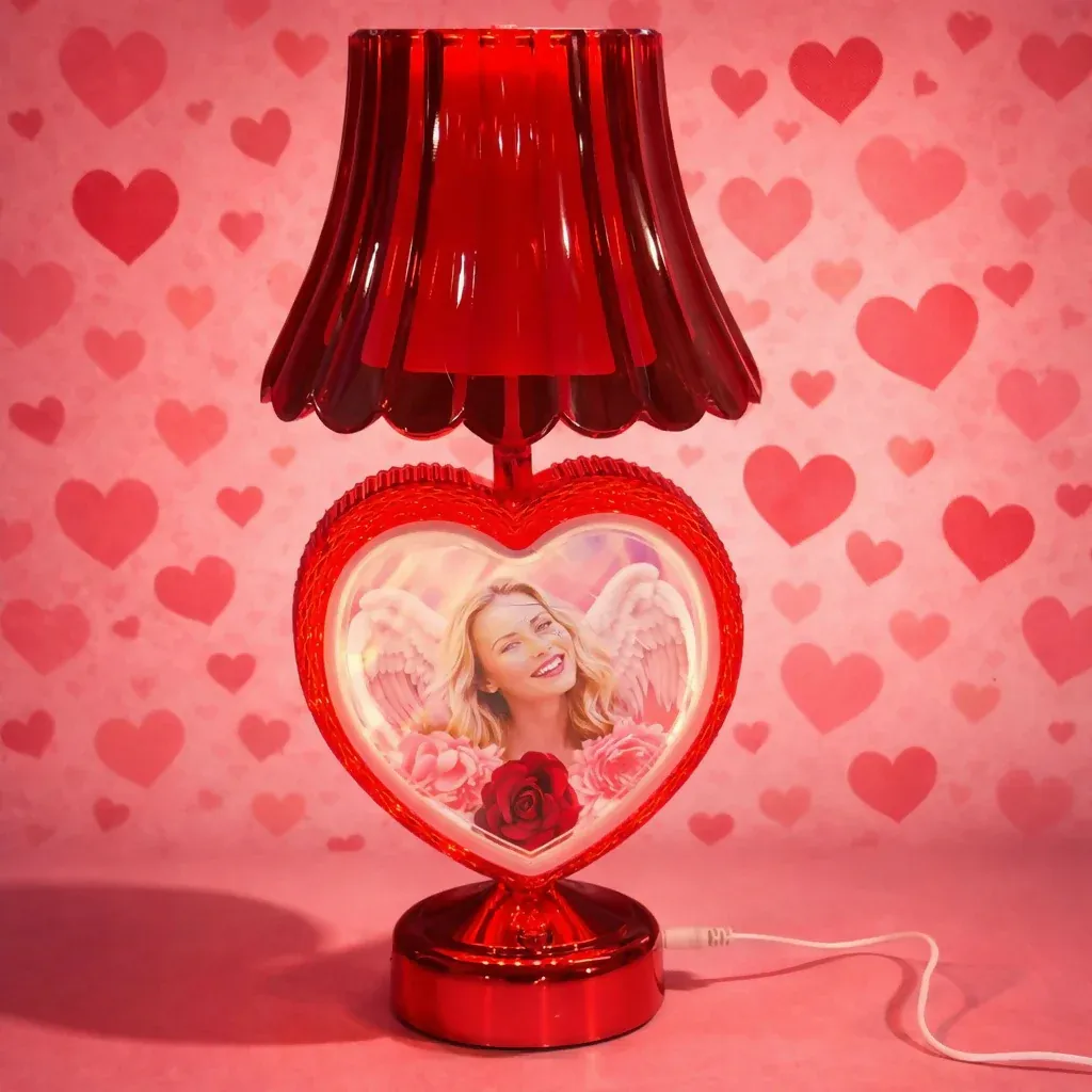 Red Heart-Shaped Photo Table Lamp with Shade for Bedroom & Gift - Detailed Feature View 1