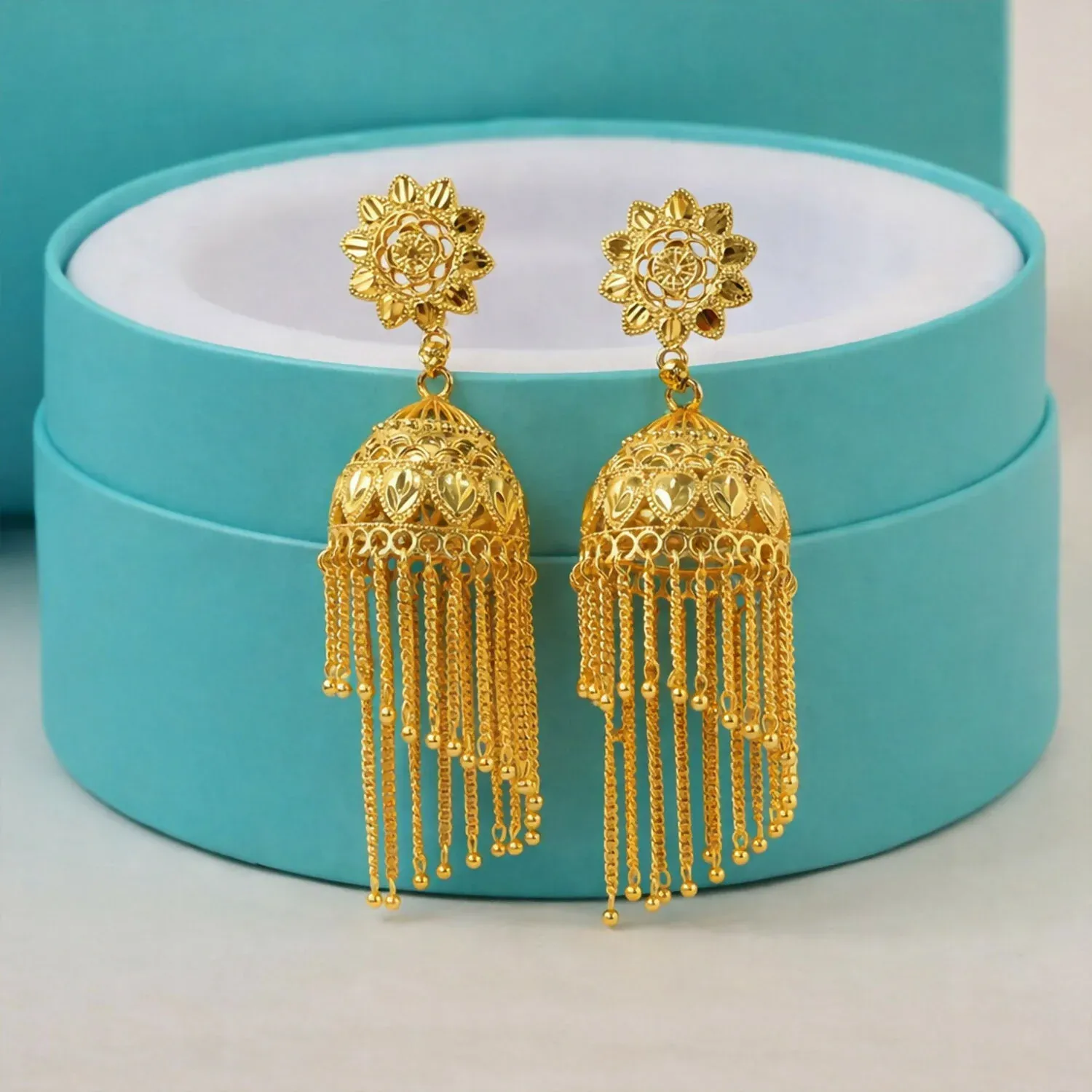 Traditional Gold Tone Floral Jhumka Earrings with Chain Tassels - Detailed Feature View 1