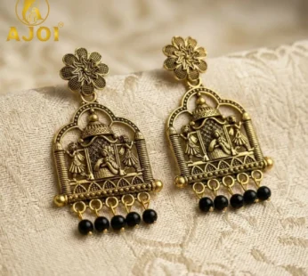 Antique Temple Doli Design Earrings with Black Bead Drops for Ethnic Festive Wear