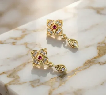 Charming Flower Motif Gold Earrings with Teardrop Charm