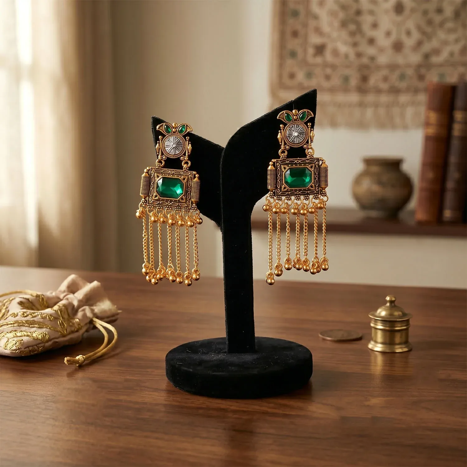 Kashmiri Antique Long Tassel Earrings with Green Stone & Ghungroo Chain Drops - Detailed Feature View 3