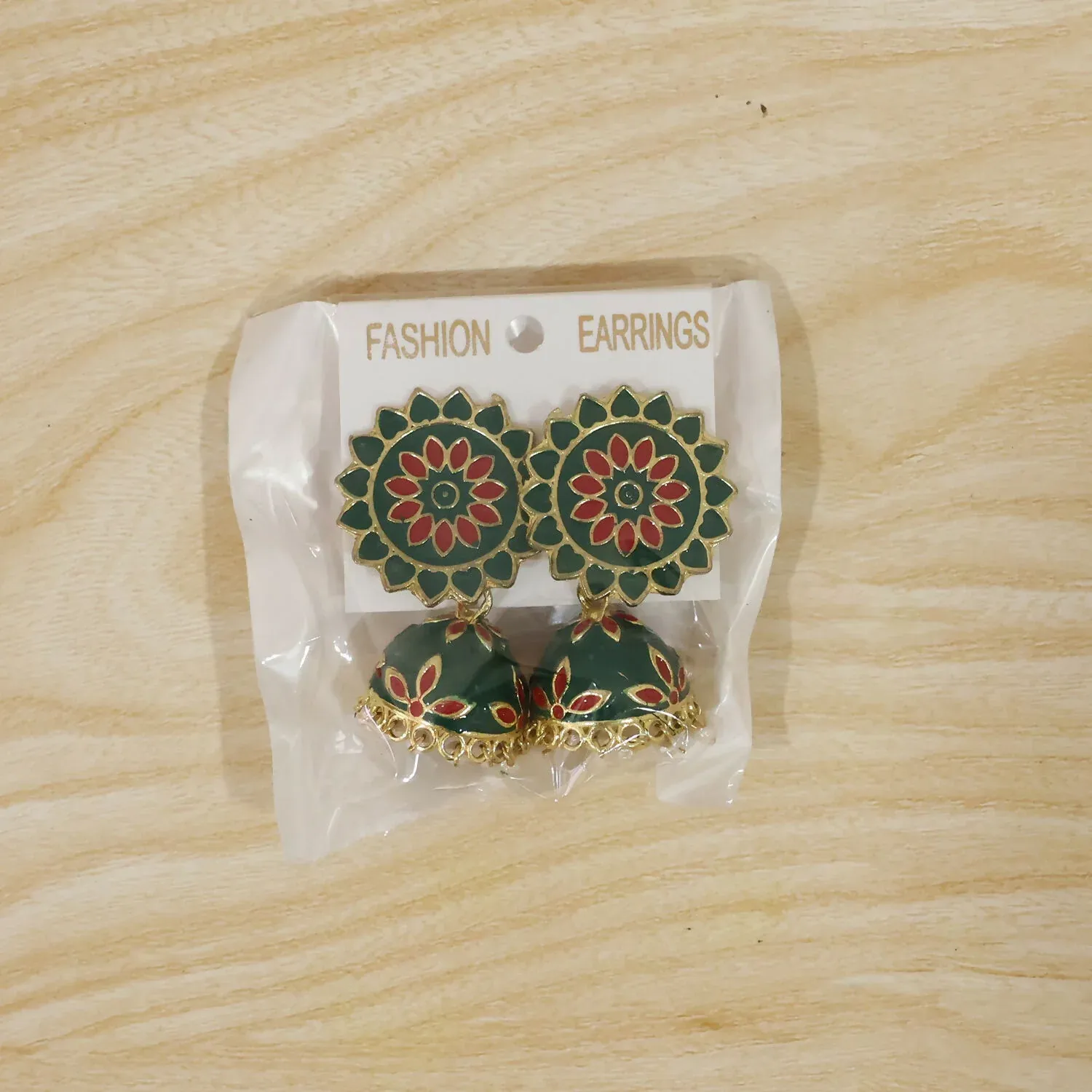 Green and Red Floral Enamel Jhumka Earrings with Pearl Drop Design - Detailed Feature View 5