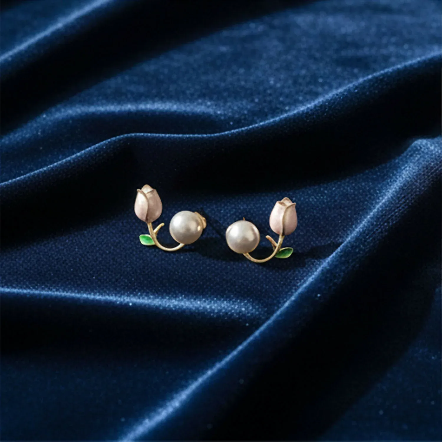 Dainty Enamel Tulip & Pearl Korean Style Earrings - Detailed Feature View 3