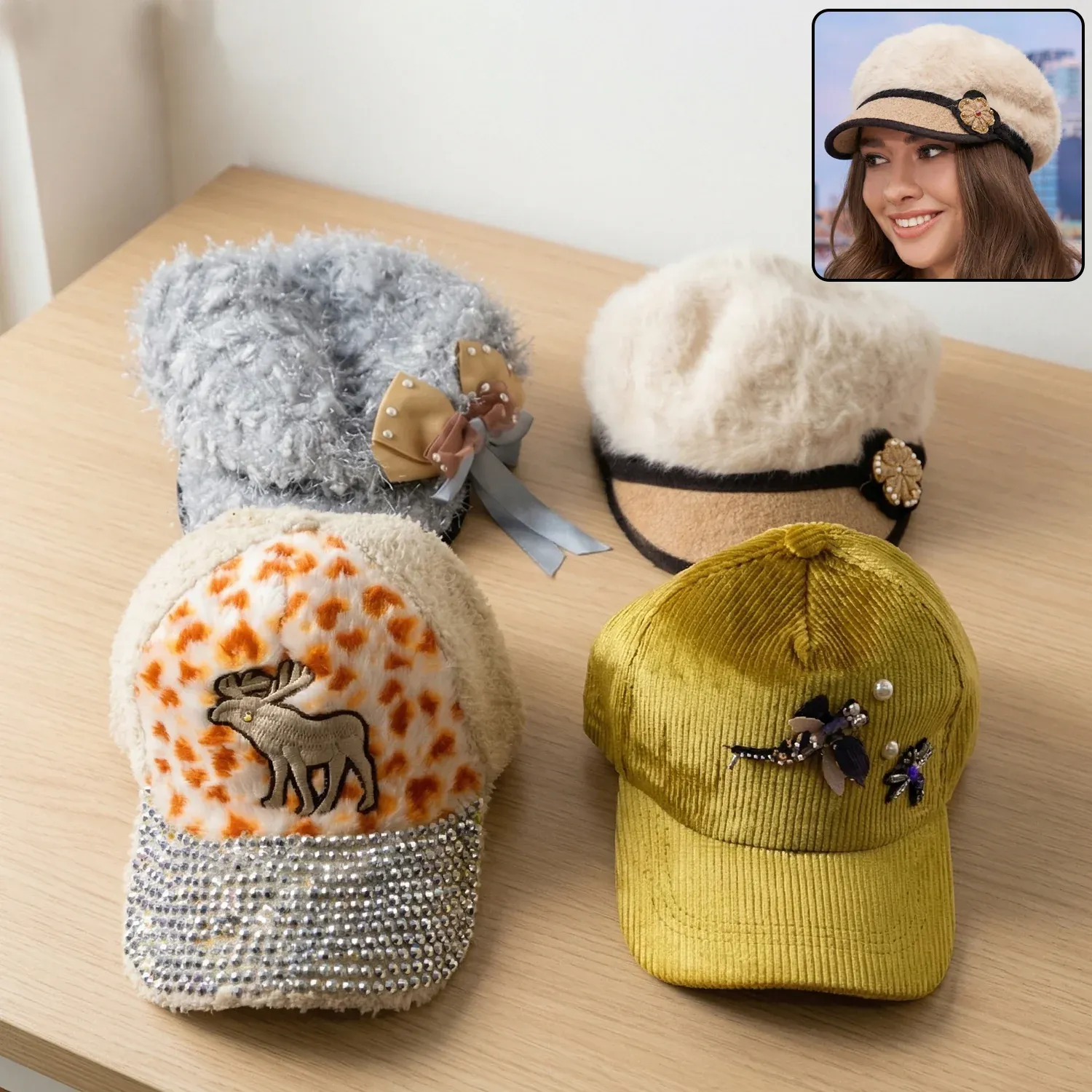 Stylish Winter & Summer Designer Cap – Soft Fur, Embroidered (1 Pc) - Detailed Feature View 2