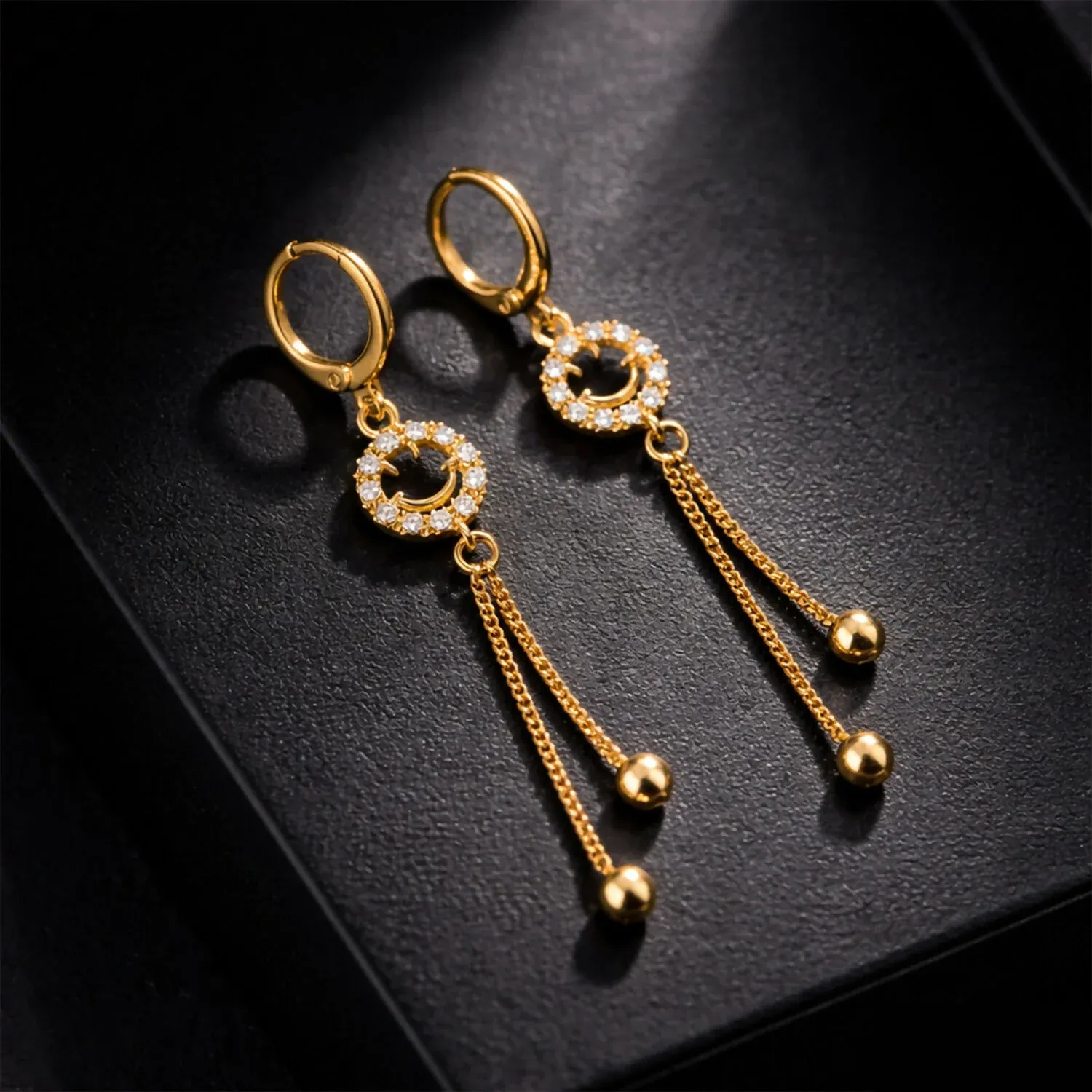 Gold-Tone Smiley Crystal Circle Tassel Drop Earrings for Women - Detailed Feature View 2