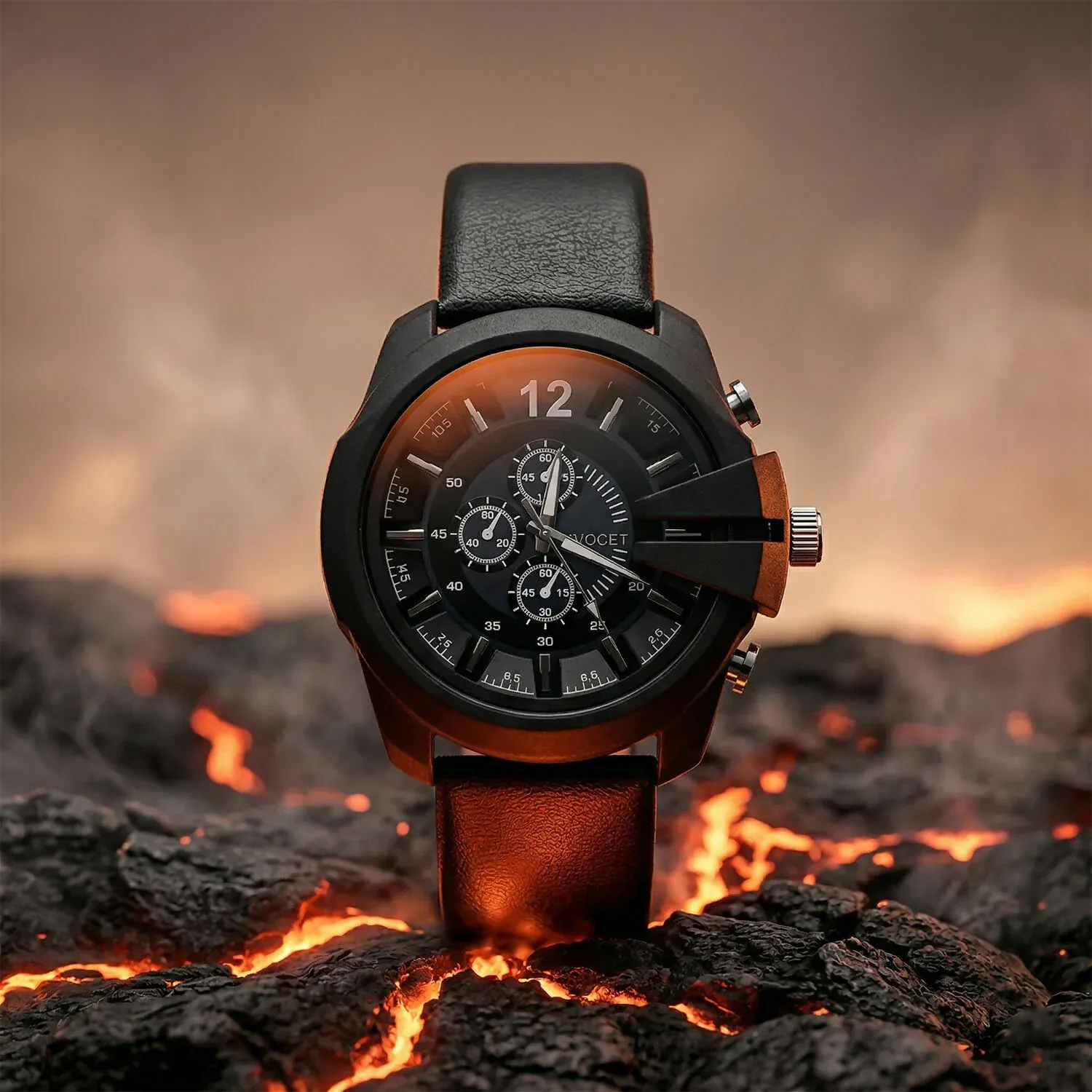 Premium Bold Black Multi-Dial Chronograph Style Analog Wrist Watch with Protective Crown Guard & Leather Strap for Men - Buy Online at Alikart