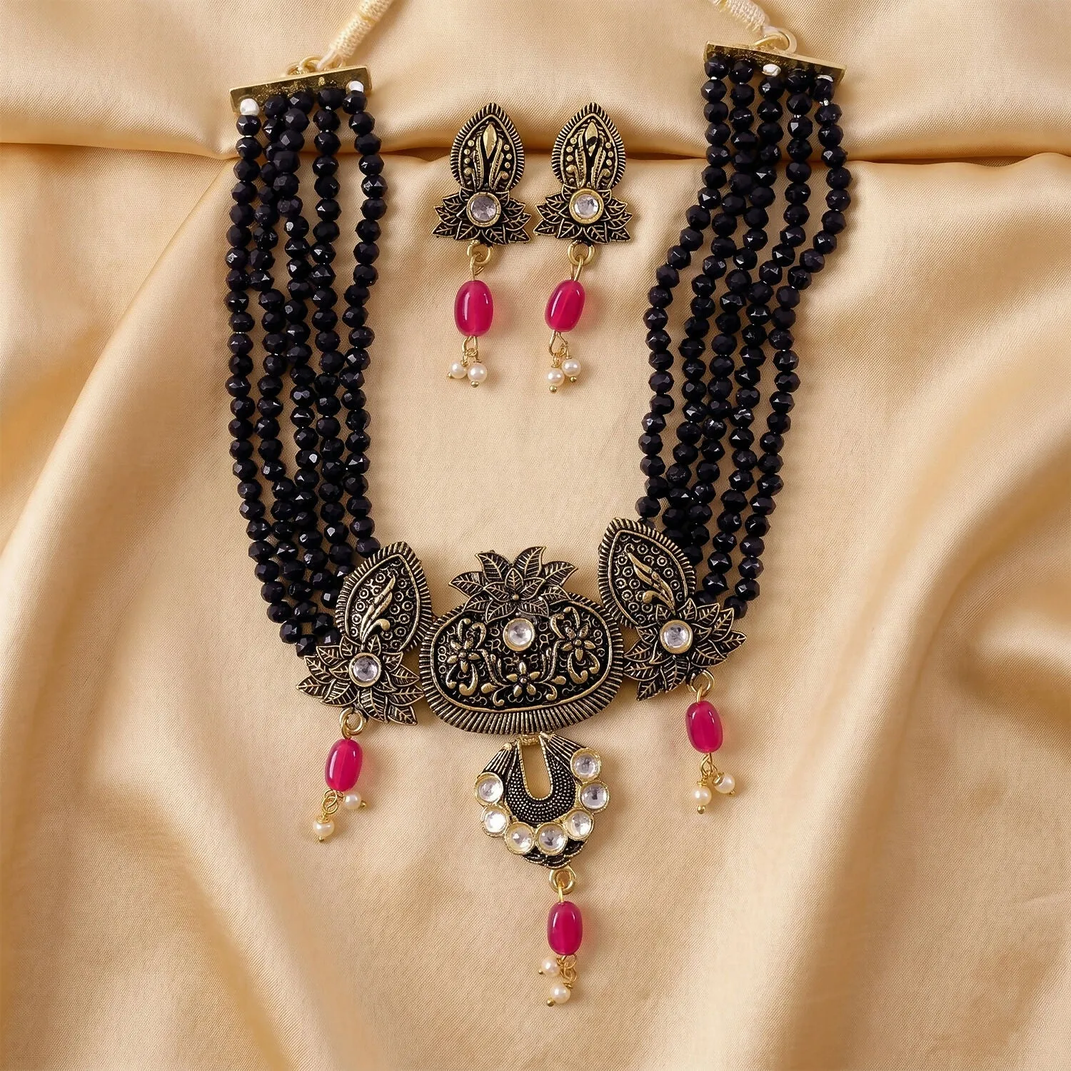 Black Beaded Ethnic Necklace Set with Adjustable Thread and Earrings - Detailed Feature View 2
