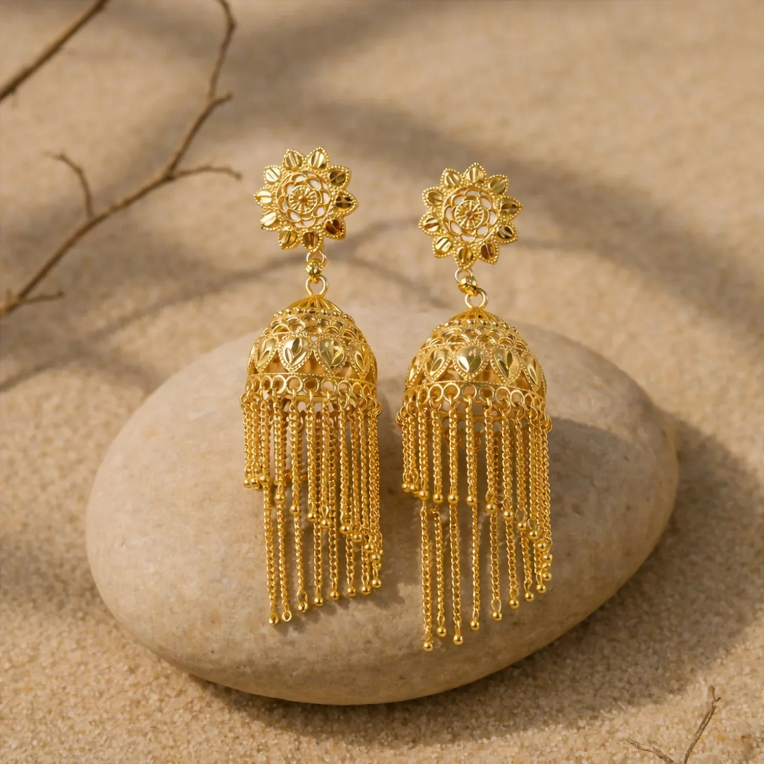 Traditional Gold Tone Floral Jhumka Earrings with Chain Tassels - Detailed Feature View 2