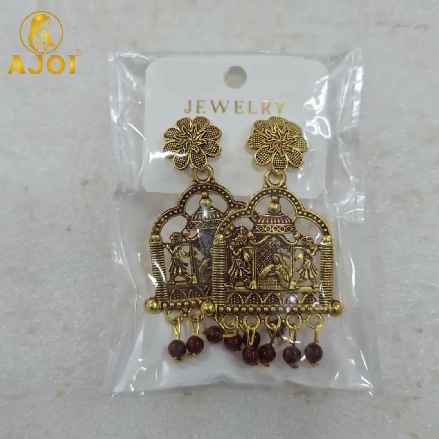 Antique Temple Doli Earrings with Maroon Pearl Drops - Detailed Feature View 4