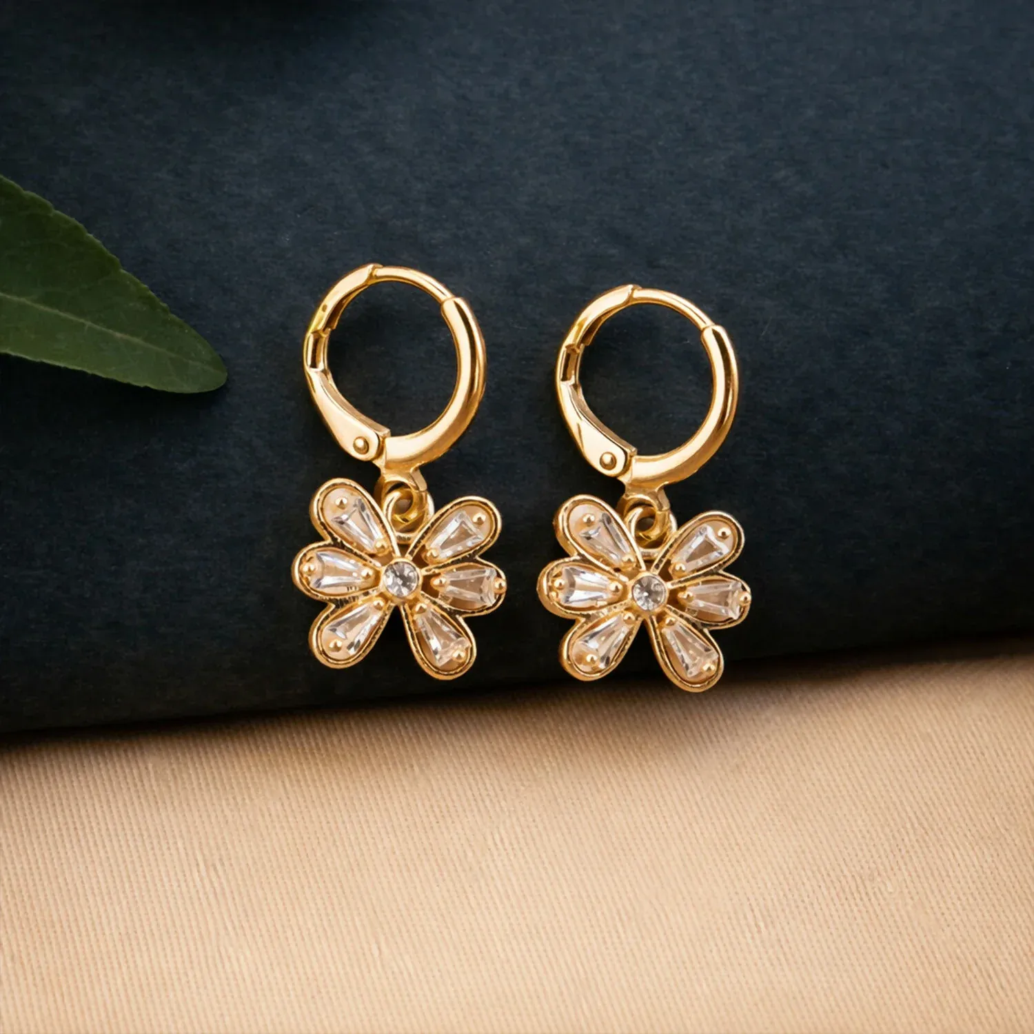 Premium Gold-Tone Floral Crystal Drop Hoop Earrings for Women - Buy Online at Alikart