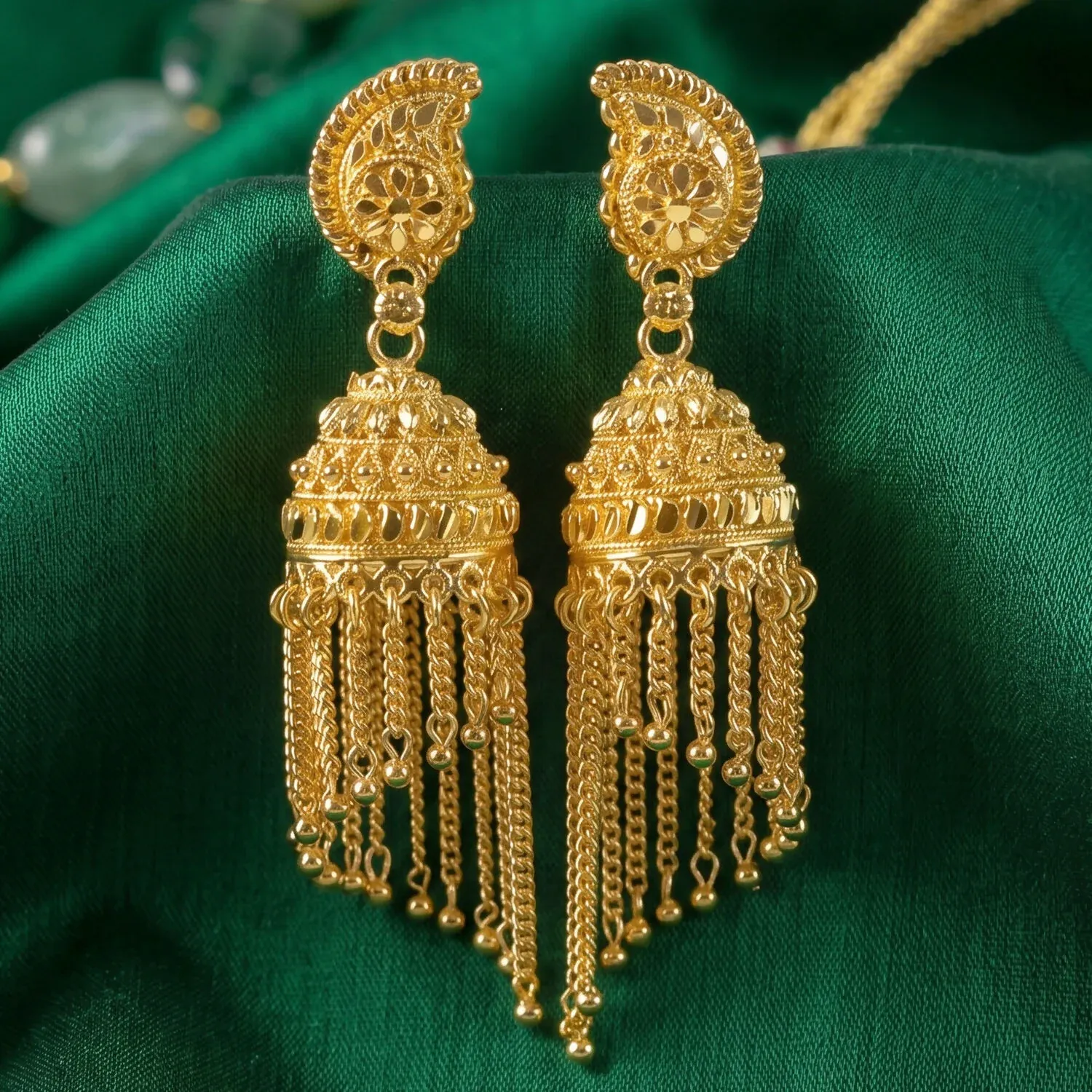 Gold-Plated Jhumka Earrings with Pearl Drops and Chain Detail - Detailed Feature View 3