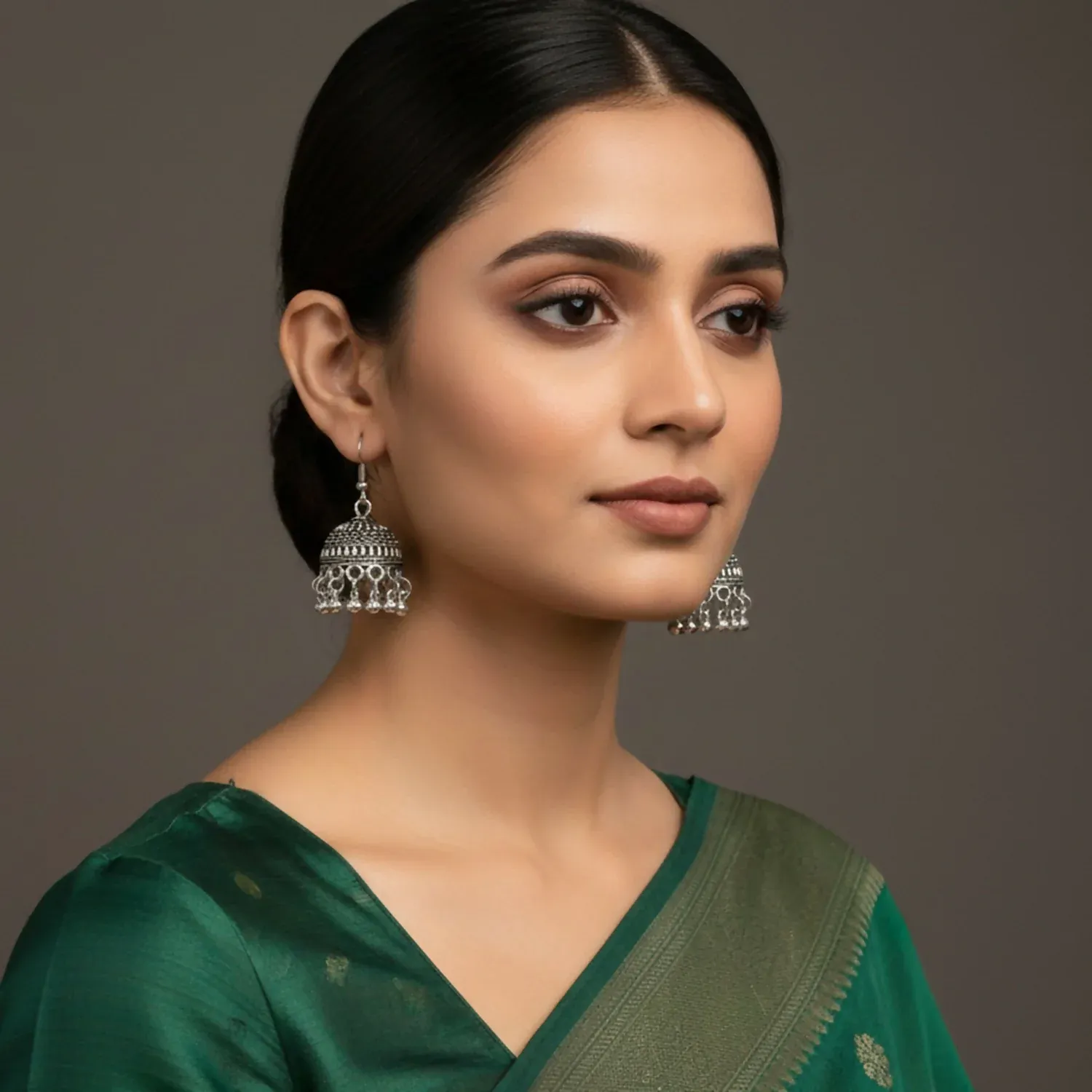 Classic Oxidised Silver Hook Jhumka Earrings with Ghungroo Danglers - Detailed Feature View 1