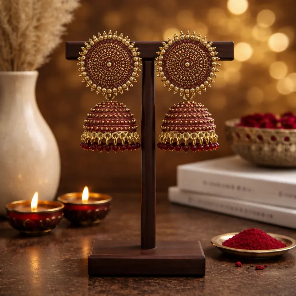 Premium beautiful elegant oxidised jhumka earrings in maroon colour - Buy Online at Alikart