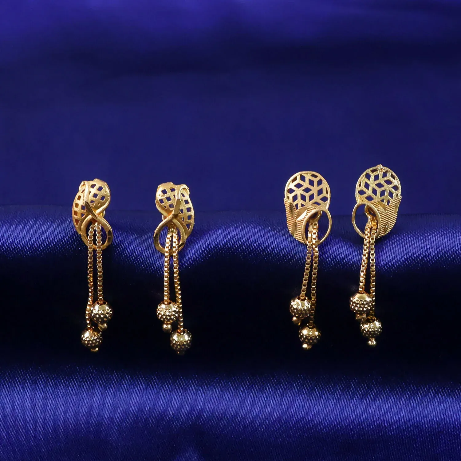 Vintage Inspired Geometric Gold Drop Earrings with Triple Bead Chain Drops (2 Pair) - Detailed Feature View 1