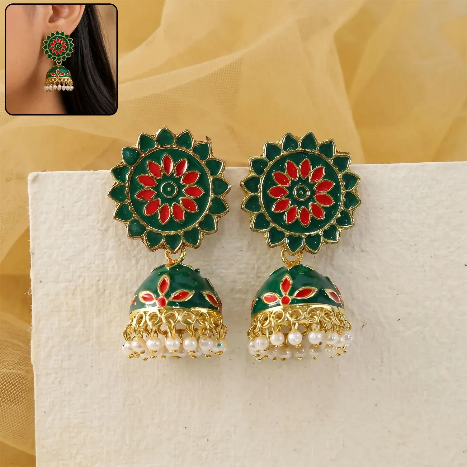 Premium Green and Red Floral Enamel Jhumka Earrings with Pearl Drop Design - Buy Online at Alikart