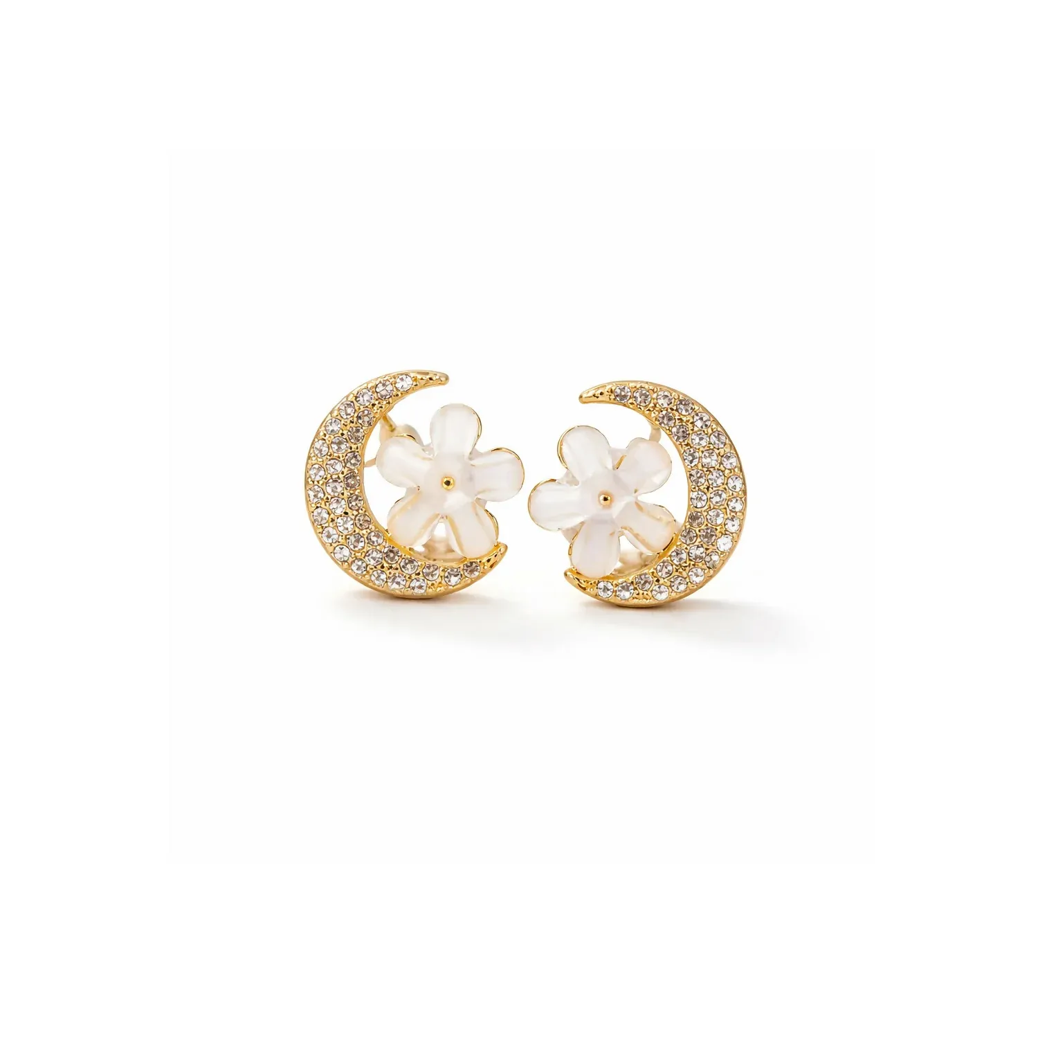 Elegant Gold Moon & Flower Crystal Stud Earrings for Women - Detailed Feature View 2