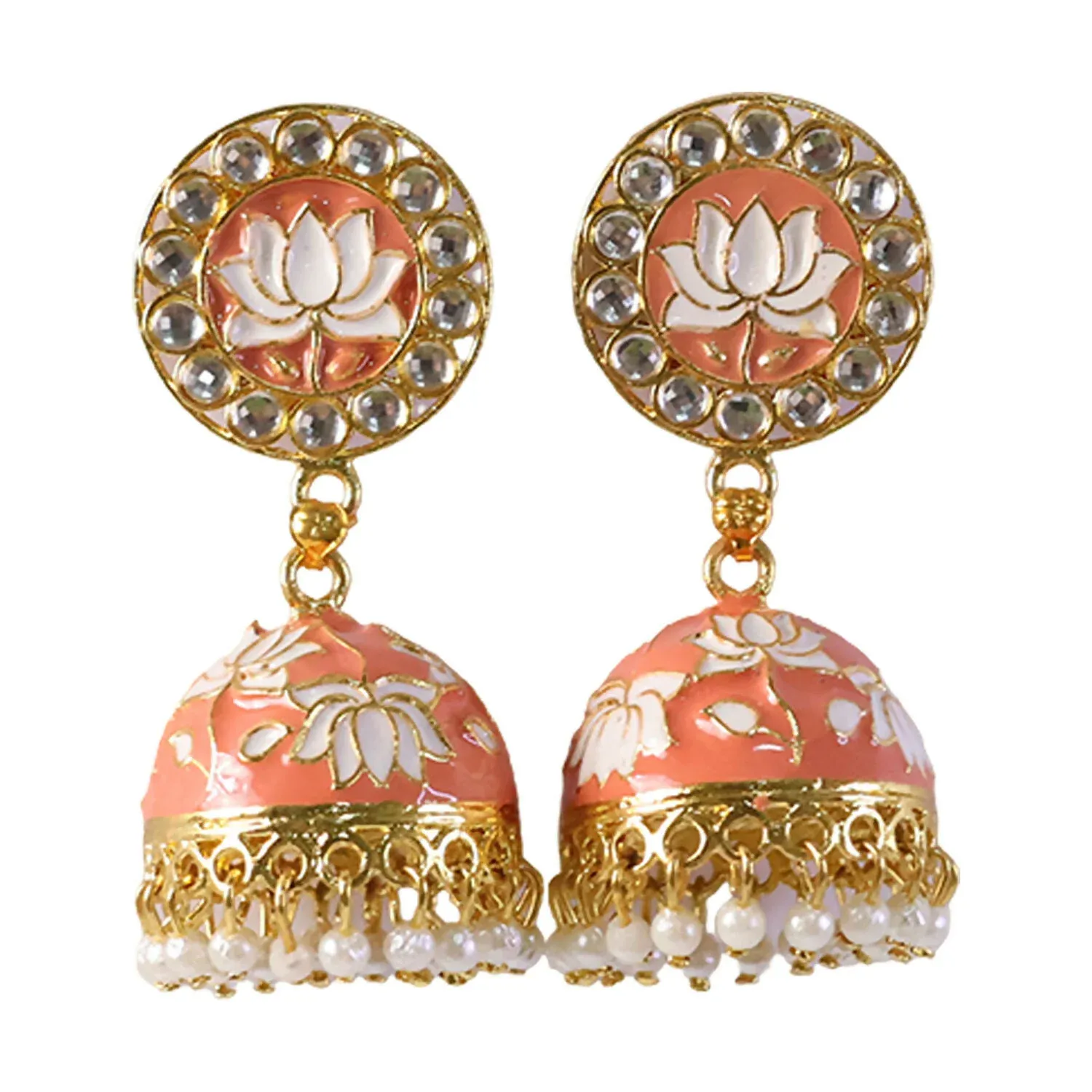 Peach Lotus Design Gold Tone Jhumka Earrings with Pearl Beads - Detailed Feature View 3