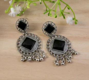 Vintage Charm Oxidized Silver Black Stone Earrings