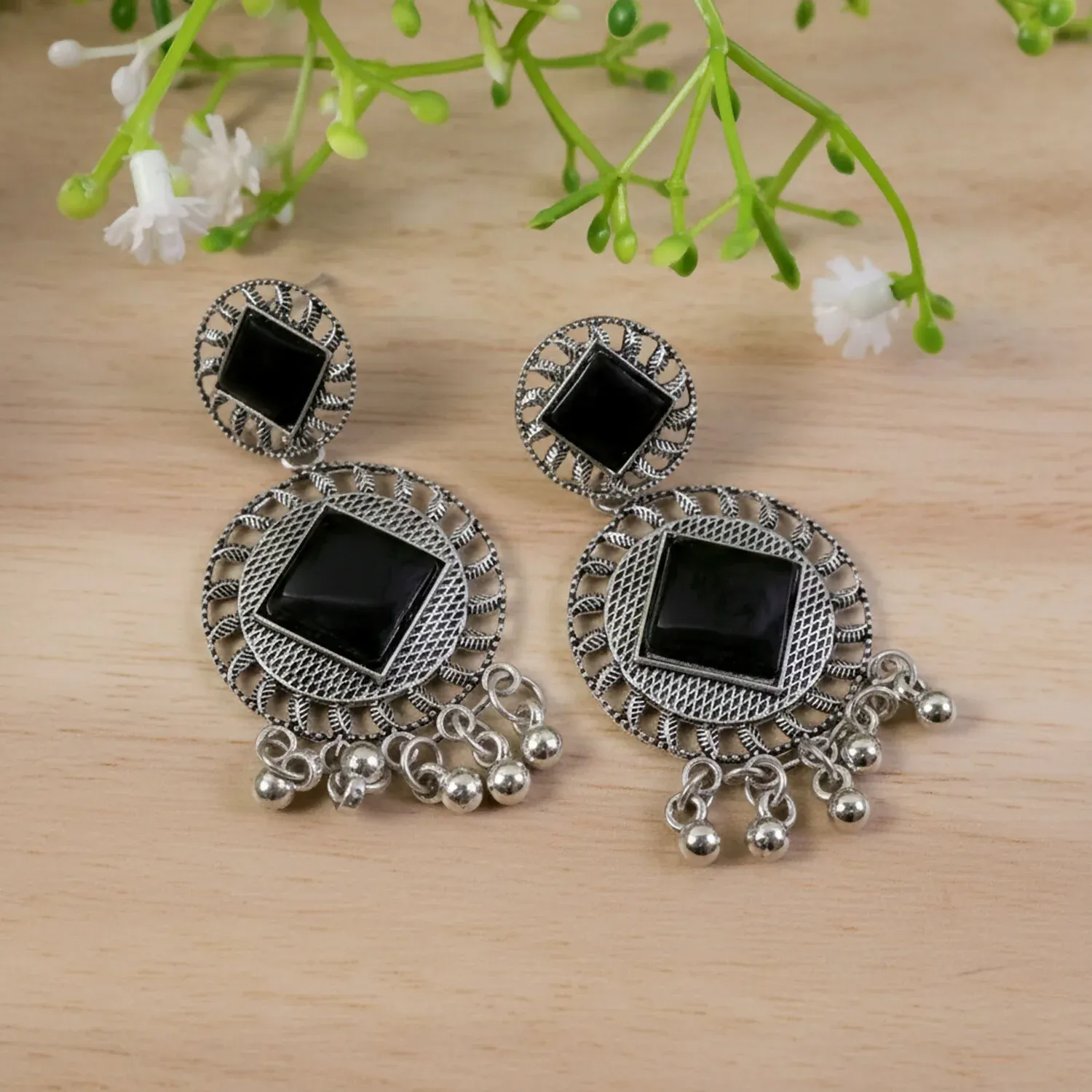 Premium Vintage Charm Oxidized Silver Black Stone Earrings - Buy Online at Alikart