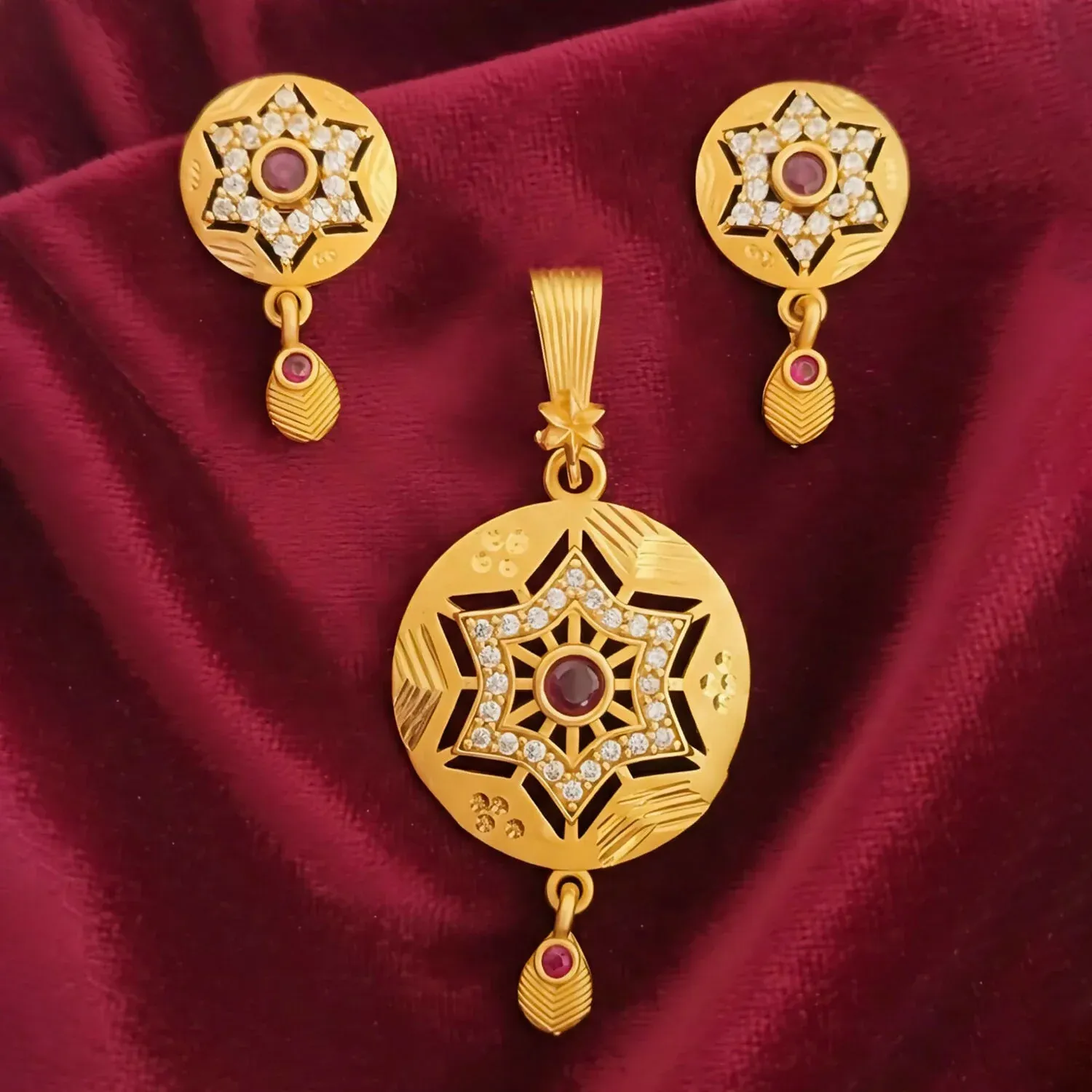 Ad Stone Brass Micro Polish Designer Daily Wear Chain Pendant with matching earrings - Detailed Feature View 3
