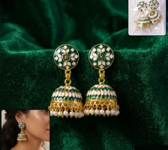 Green Round Stud Jhumka Earrings with Pearl Drops for Women