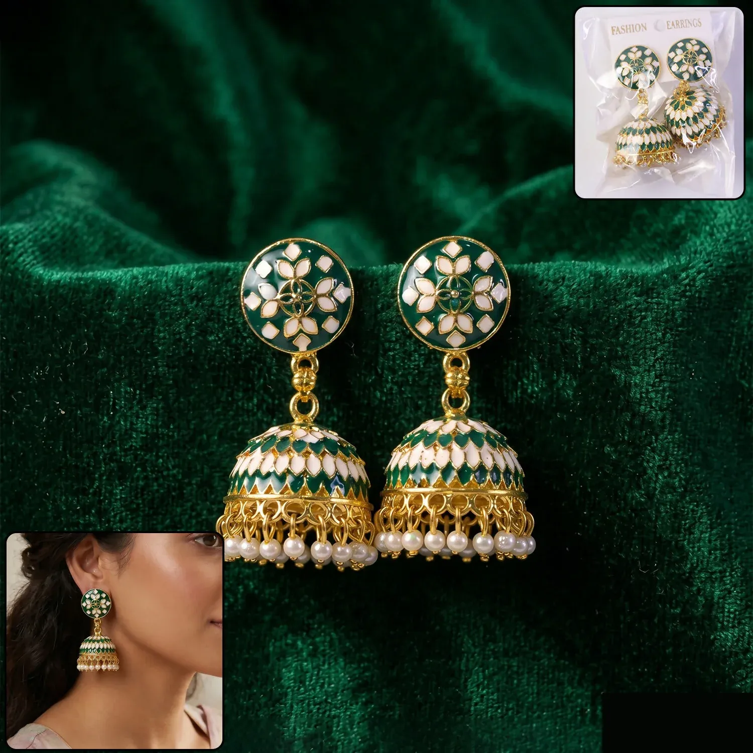 Premium Green Round Stud Jhumka Earrings with Pearl Drops for Women - Buy Online at Alikart