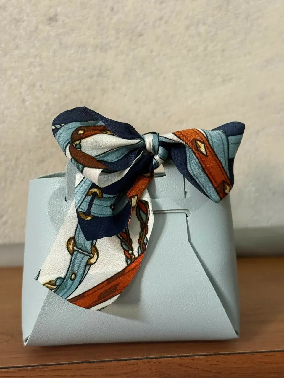 Mini Sky Blue Handbag Organizer with Printed Bow Scarf - Detailed Feature View 5