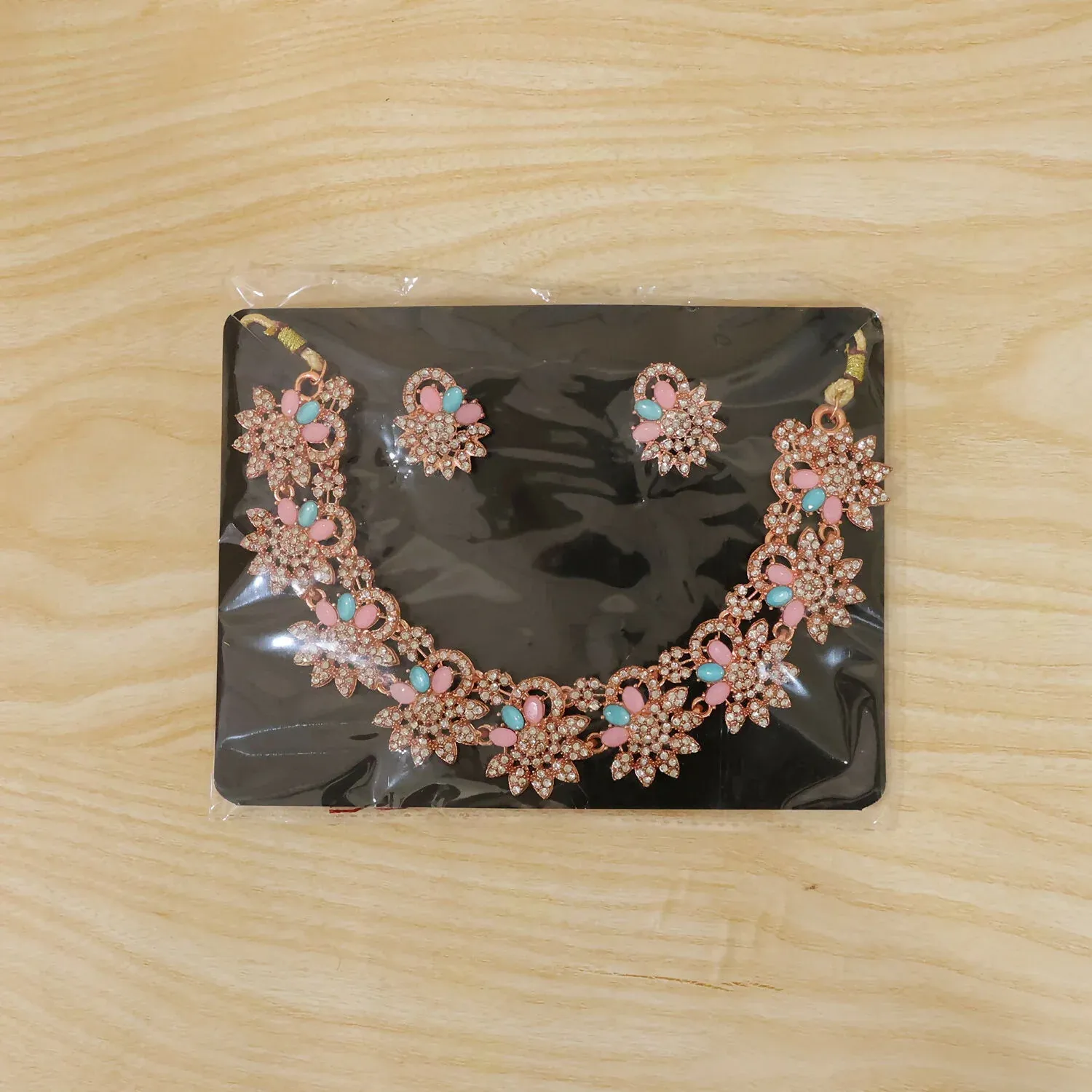 Hot Pink and Blue Stones Necklace & Earrings Set with Gold Plating - Detailed Feature View 5