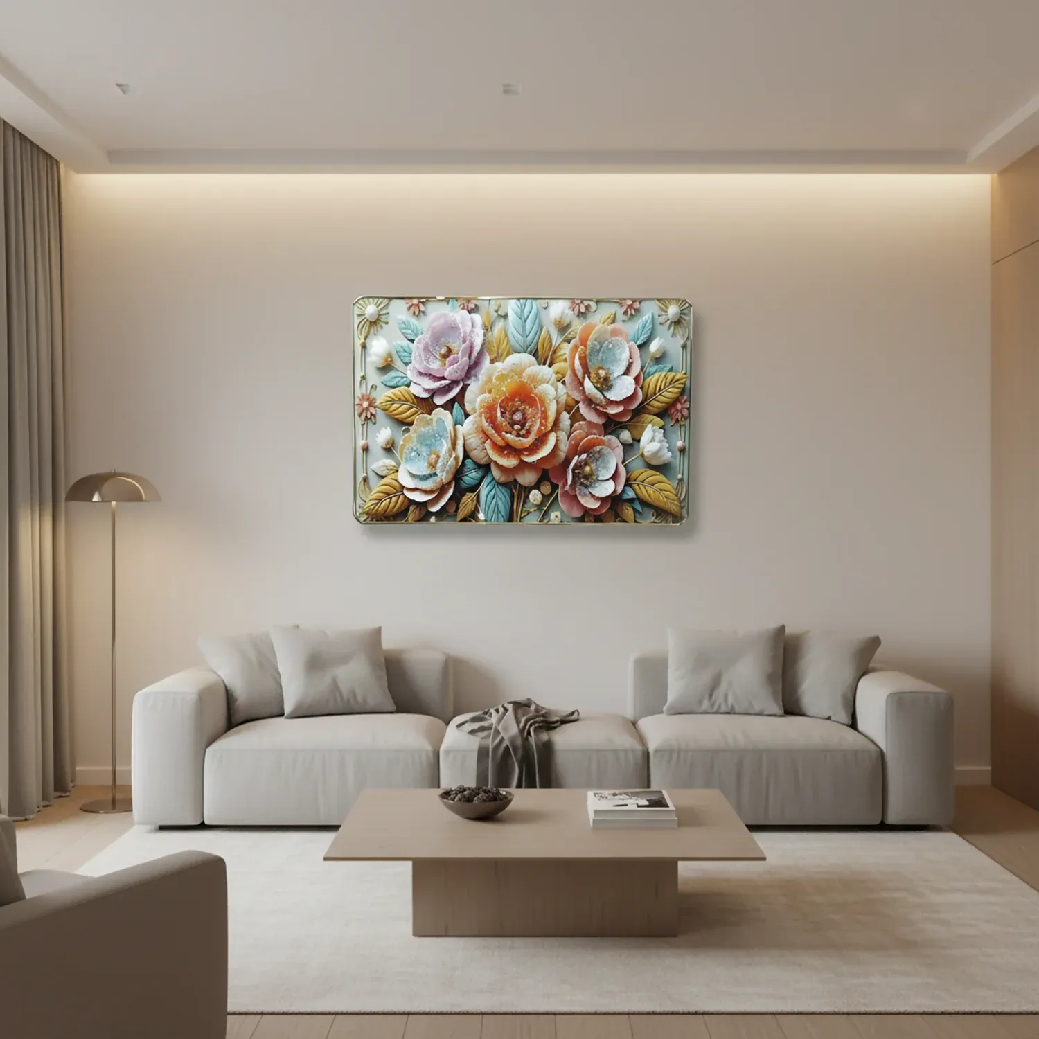 Premium 3D Floral Wall Art Panel – Luxury Golden Frame Home Decor - Detailed Feature View 3