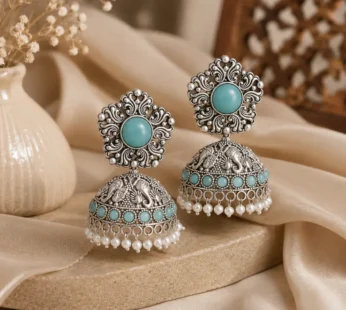Silver Oxidized Light Blue Jhumka Earrings with Pearls