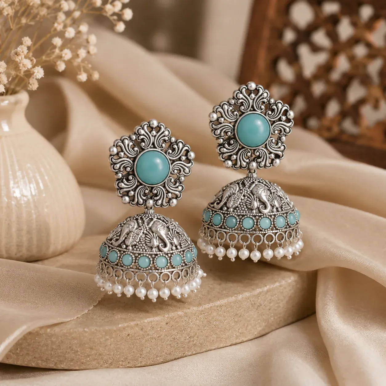 Premium Silver Oxidized Light Blue Jhumka Earrings with Pearls - Buy Online at Alikart