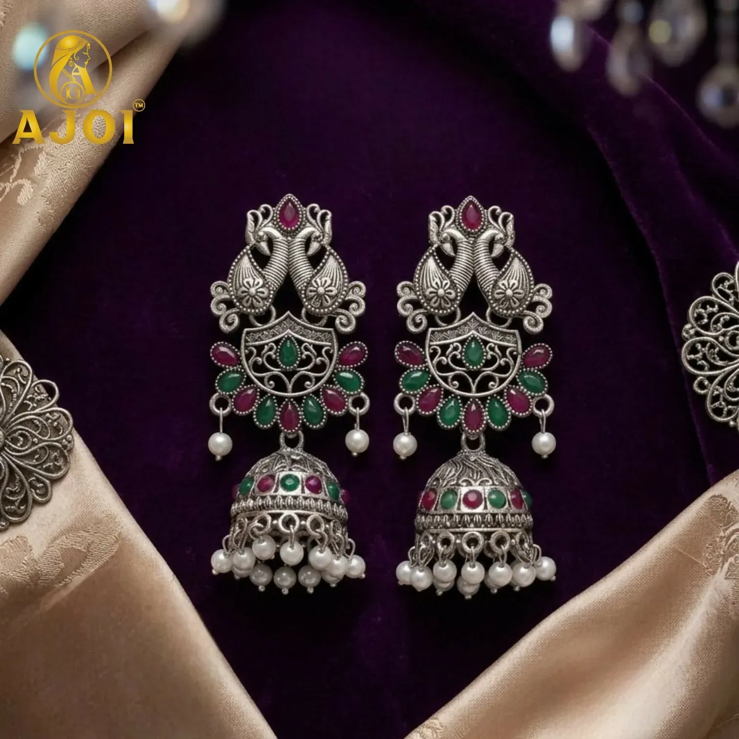 Oxidized Silver Peacock Jhumka Earrings with Ruby Green Stones & Pearls - Detailed Feature View 2