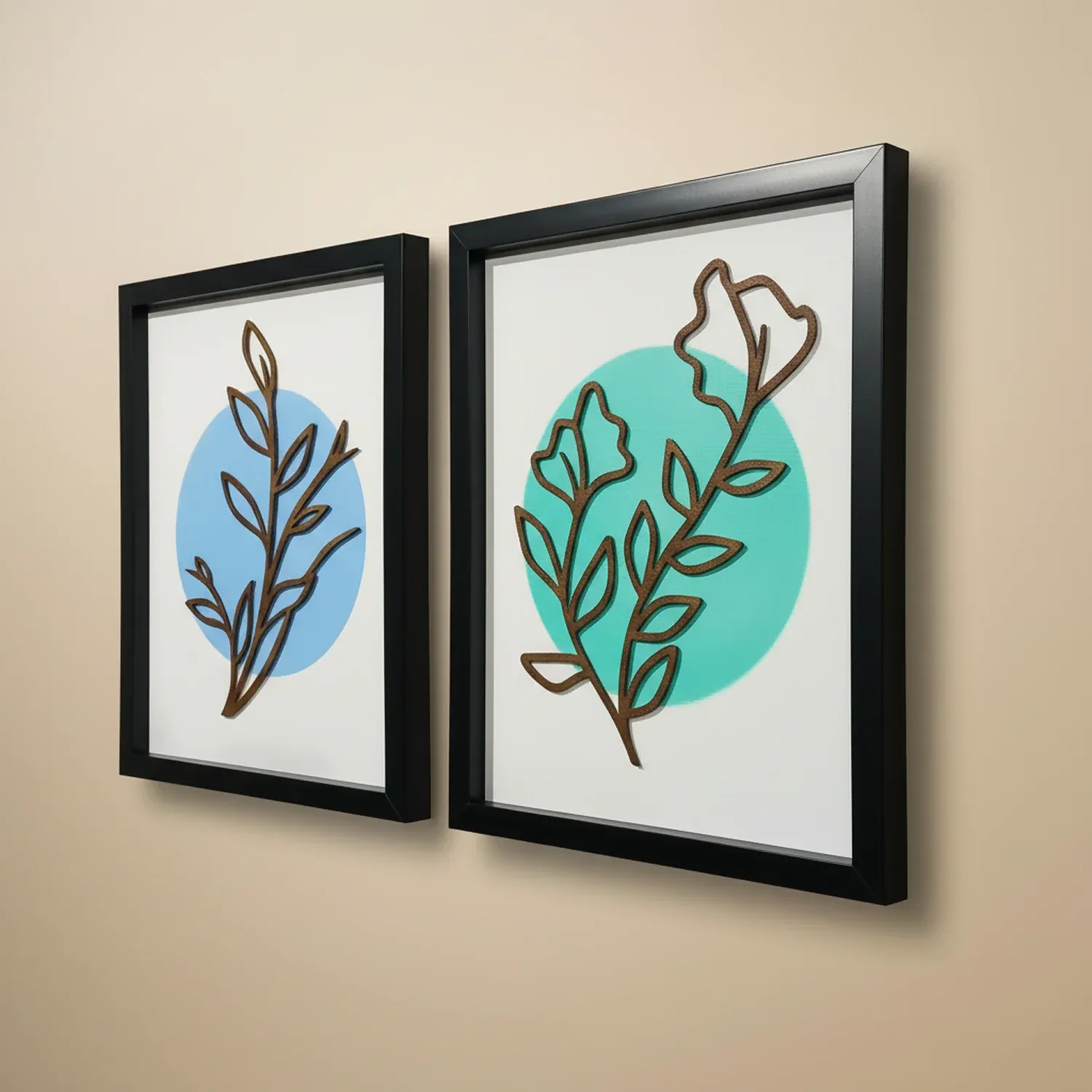 Minimalist Botanical Line Art Wall Frames | Modern Leaf Outline Wall Decor Set of 2 - Detailed Feature View 2