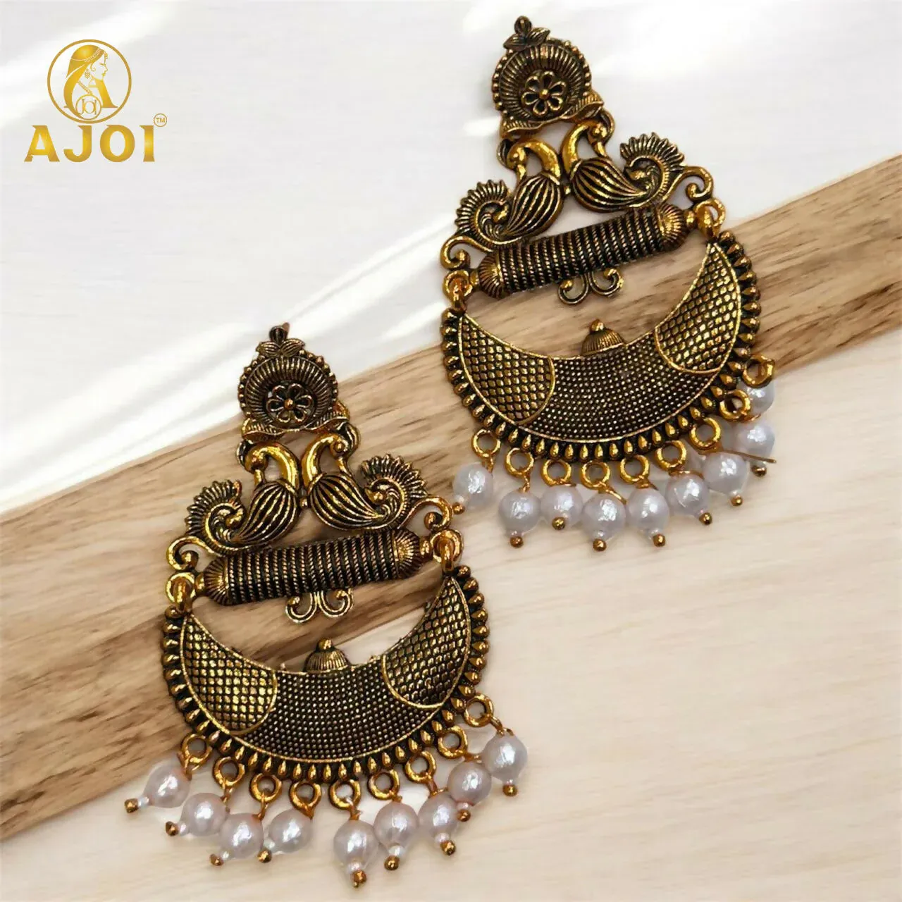 Antique Gold Tribal Chandbali Earrings with Pearl Drops & Peacock Motif - Detailed Feature View 4