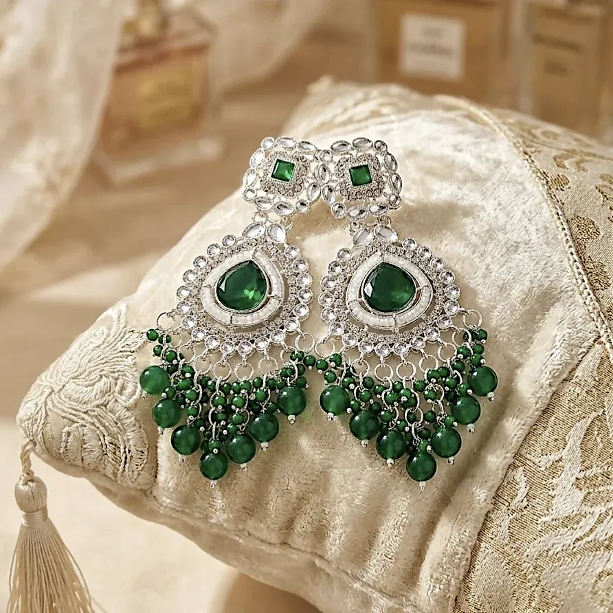 Emerald Green Kundan & Pearl Chandbali Earrings – Silver-Toned Festive Jhumkas - Detailed Feature View 2