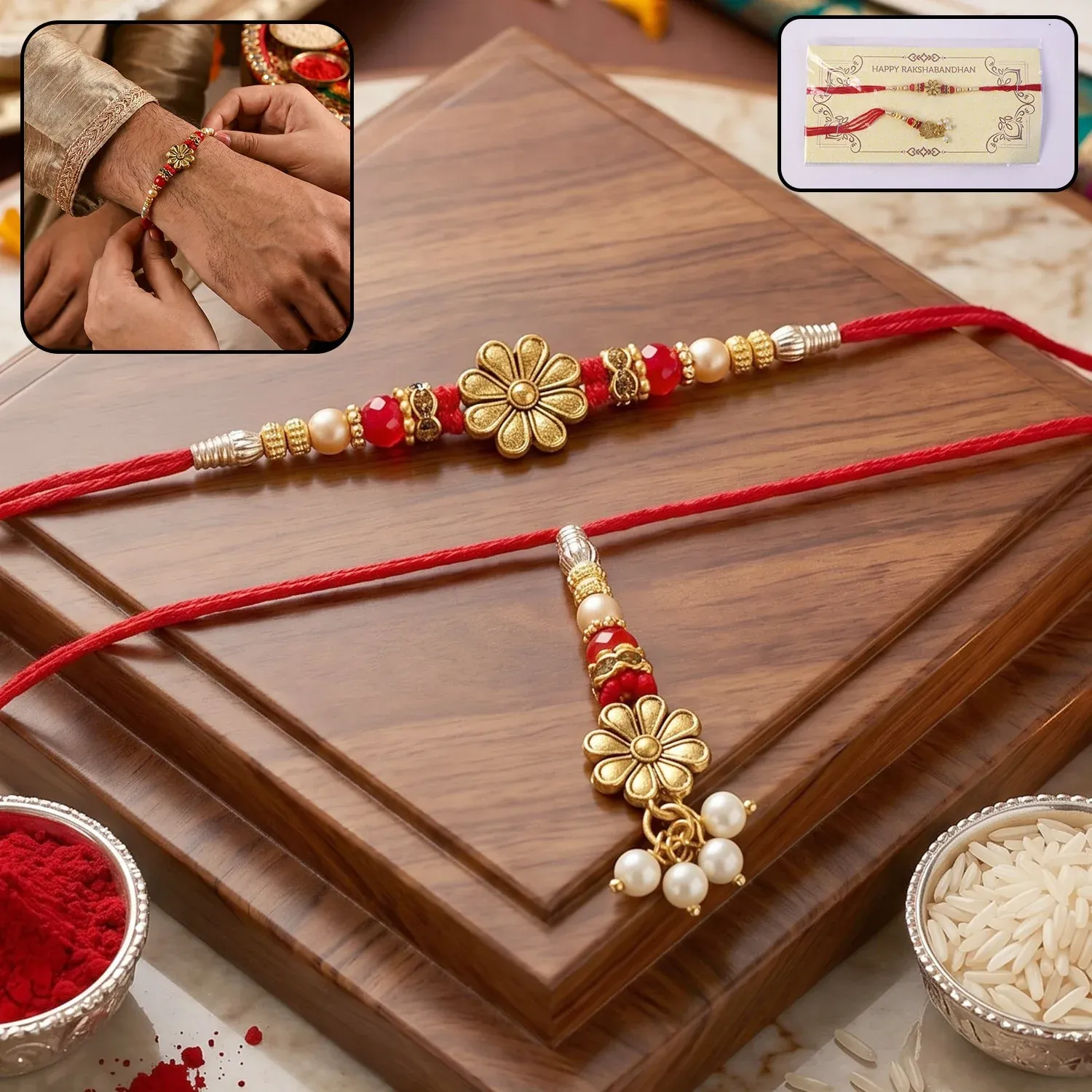Bhabhi Rakhi – Elegant Floral Pearl Drop Design for Rakshabandhan