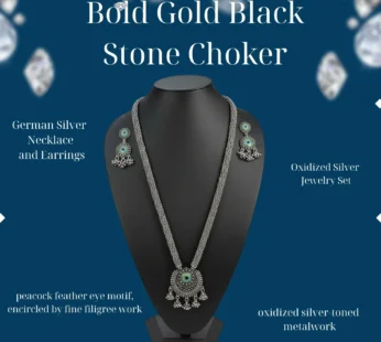 Gold-Tone Black Stone Choker with Pearl Drops & Earrings Set