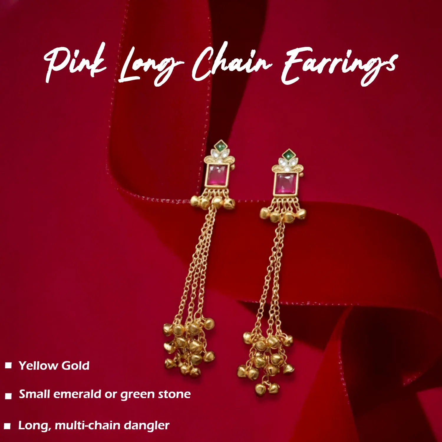 Pink Kashmiri Long Chain Ghungroo Earrings with Gold-Toned Chains - Detailed Feature View 3