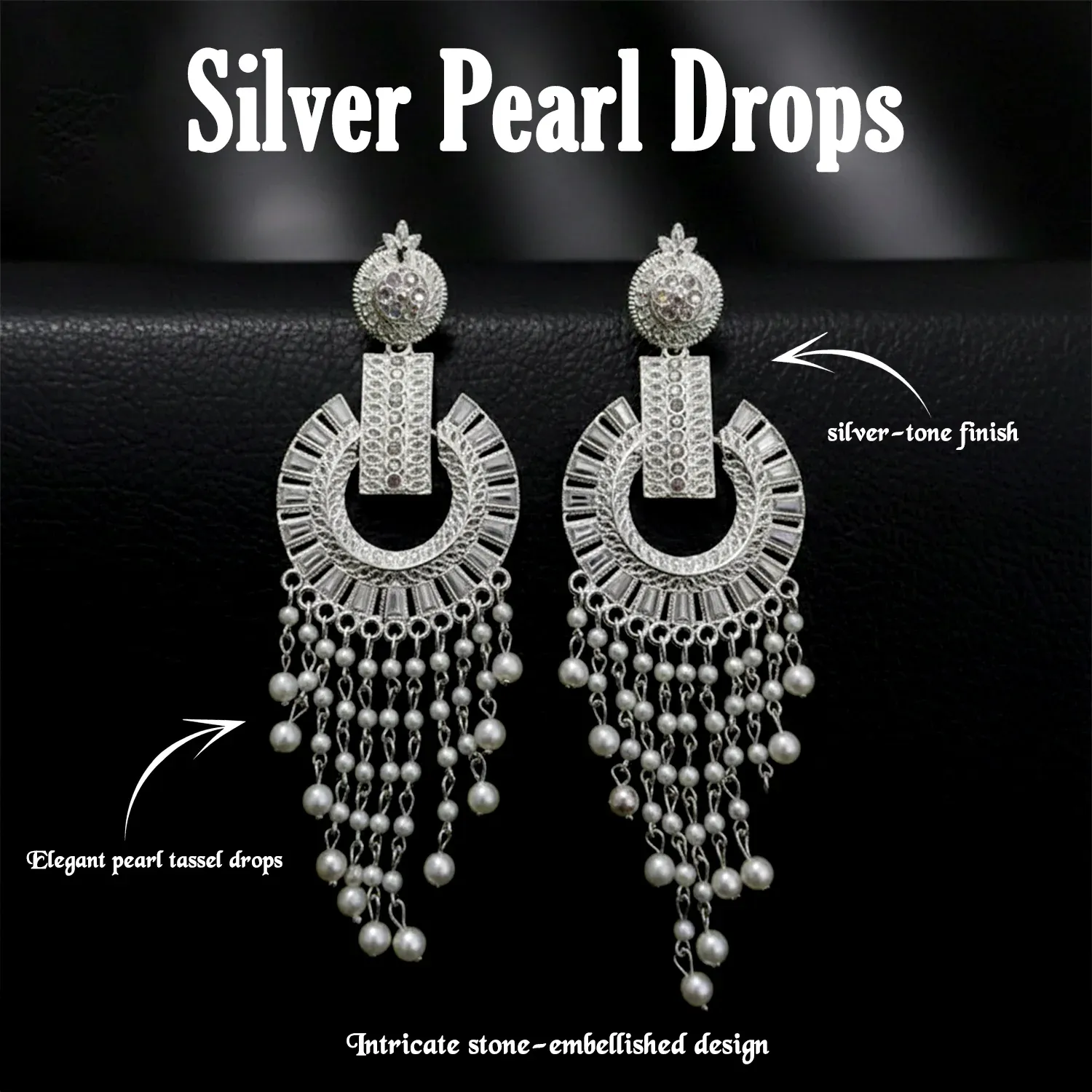 Silver-Tone Pearl Tassel Statement Earrings for Festive Wear - Detailed Feature View 3