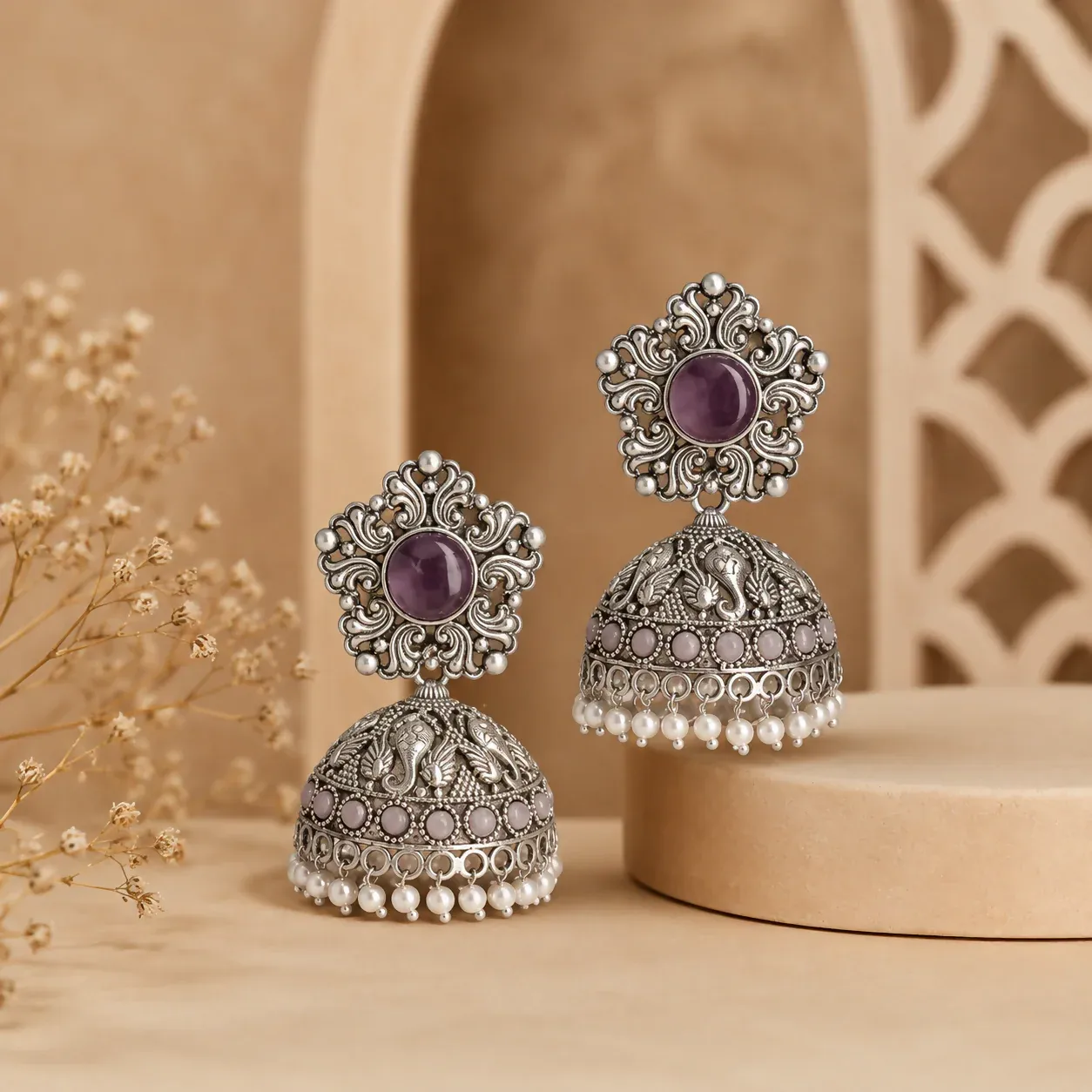 Oxidized Silver Jhumka Earrings with Purple Stone & Pearls - Detailed Feature View 2