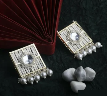 Traditional Silver-Toned Kundan & Pearl Encrusted Chandbali Jhumka Earrings