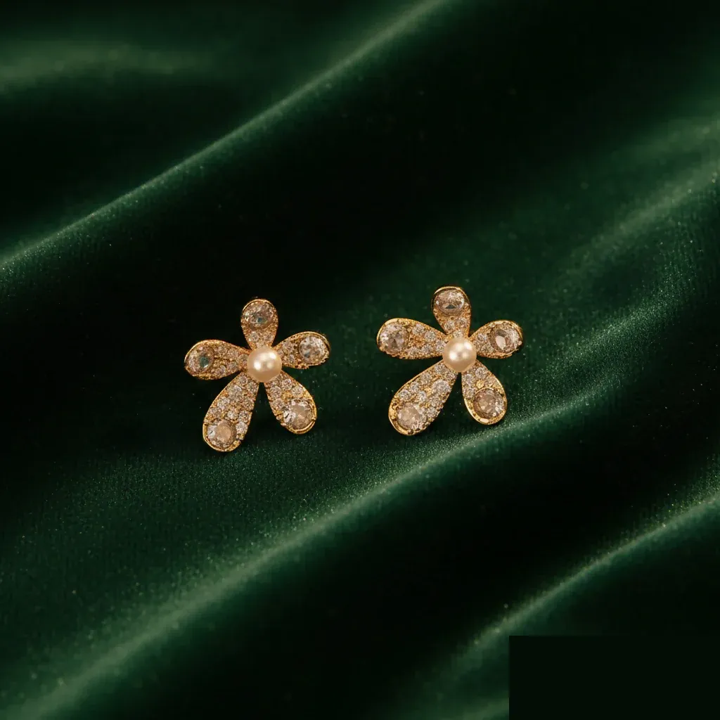 Elegant Crystal Flower Design Stud Earrings for Women and Girls Party Wear - Detailed Feature View 4