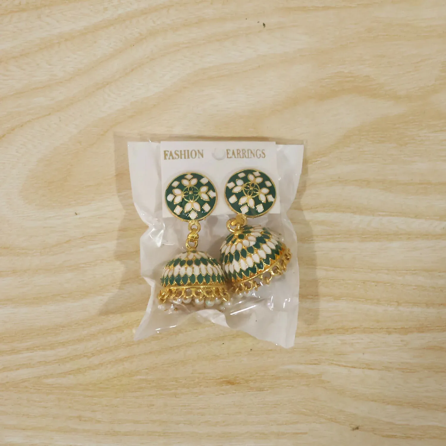 Green Round Stud Jhumka Earrings with Pearl Drops for Women - Detailed Feature View 6