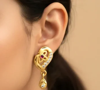 Decorative Leaf Pattern Gold Stud Earrings With Embedded Stones And Drop Element