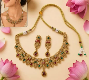 Rajwadi Mayura Antique Gold Kundan Meenakari Choker Necklace Set with Drop Earrings