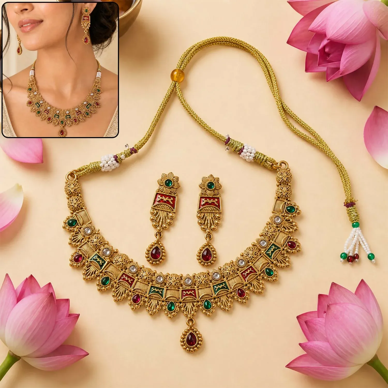 Premium Rajwadi Mayura Antique Gold Kundan Meenakari Choker Necklace Set with Drop Earrings - Buy Online at Alikart