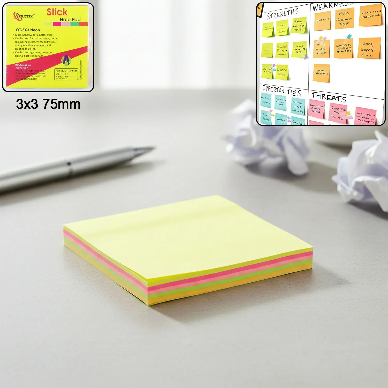Premium Aerotix 3x3 Inch Neon Sticky Note Pad 75mm Self Adhesive Re-Stick Memo Notes for Office - Buy Online at Alikart